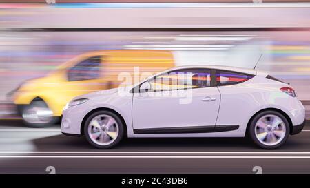 Auto sportiva bianca in movimento nel rendering 3D scuro Foto Stock