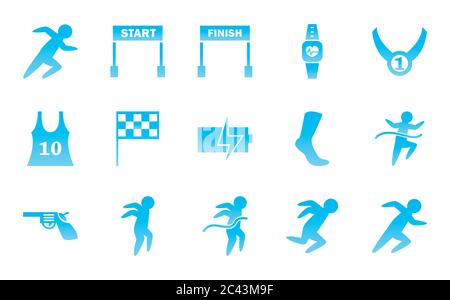 Disegno del set di icone di stile di gradiente di corsa, addestramento dell'atleta di maratona e illustrazione del vettore di tema di idoneità Illustrazione Vettoriale