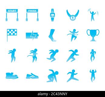Disegno del set di icone di stile di gradiente di corsa, addestramento dell'atleta di maratona e illustrazione del vettore di tema di idoneità Illustrazione Vettoriale