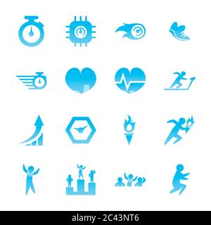 Disegno del set di icone di stile di gradiente di corsa, addestramento dell'atleta di maratona e illustrazione del vettore di tema di idoneità Illustrazione Vettoriale