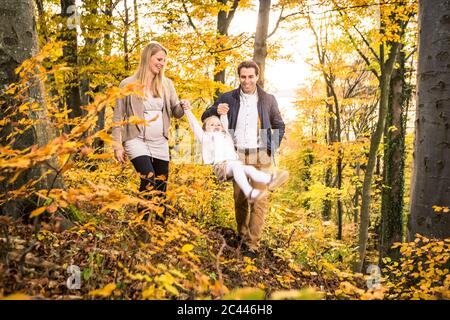 A lunghezza intera felici genitori che oscillano figlia prescolare mentre esplorando la foresta durante l'autunno Foto Stock