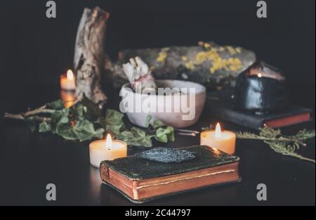 Black Kyanite Crystal Rock collocato su un libro d'epoca, tra vari elementi naturali sul tavolo delle streghe. Ramo di edera essiccato, bastone di sbavatura di salvia Foto Stock
