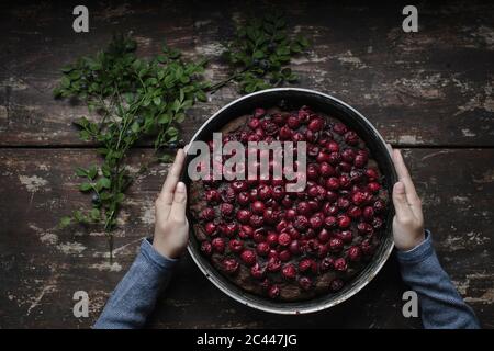 Mani tagliate di boy holding cherry brownie torta sul tavolo di legno Foto Stock