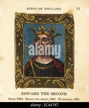 Ritratto di Re Edoardo il secondo, Re Edoardo II d'Inghilterra, nato nel 1284, iniziò il regno del 1307 e uccise nel 1327. In corona, capo, catena d'oro, che tiene uno scettro all'interno di cornice ornata. Incisione a mano di Cosmo Armstrong da Ritratti e personaggi dei Re d'Inghilterra, da Guglielmo il Conquistatore a Giorgio il terzo, John Harris, Londra, 1830. Foto Stock