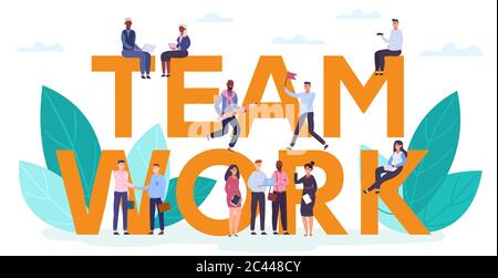Concetto di motivazione del lavoro di squadra. Team di successo creativo aziendale che lavora insieme, cooperazione di squadra, scritta concetto di illustrazione vettoriale Illustrazione Vettoriale