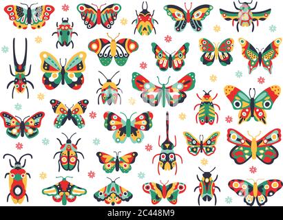 Insetti carini disegnati a mano. Doodle farfalla volanti e scarabeo, insetti primavera colorati. Disegno farfalle e bug insieme di icone di illustrazione vettoriale Illustrazione Vettoriale