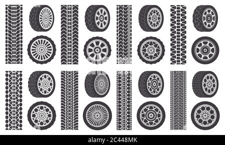 Pneumatici delle ruote per auto. Tracce di carreggiata, cerchi delle ruote dell'automobile, carreggiate per auto. Set di illustrazioni con simboli isolati per pneumatici in gomma Illustrazione Vettoriale