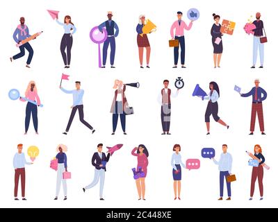 Lavoratori aziendali. Team di personaggi di Office, brainstorming, gestione del tempo e startup business insieme di illustrazioni vettoriali isolate Illustrazione Vettoriale