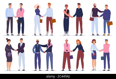 Le mani del business tremano. Gli impiegati scuotono le mani, accordo degli uomini d'affari o accordo completo, saluto handshake vettore illustrazione insieme Illustrazione Vettoriale