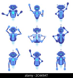 Assistenza bot tramite chat. Chat bot della tecnologia robotica, assistente digitale robotico, personaggi futuristici dei bot di chat android, set di illustrazioni vettoriali Illustrazione Vettoriale