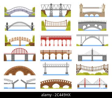 Ponte della città. Costruzione di ponti di attraversamento urbano, tralicci e ponte di fiume ad arco legato, architettura di carreggiata icone vettoriali di illustrazione set Illustrazione Vettoriale