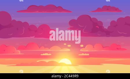 Fumetto cielo tramonto. Gradiente violetto e giallo cielo nuvole paesaggio, tramonto sera cielo panorama vettore immagine di sfondo Illustrazione Vettoriale