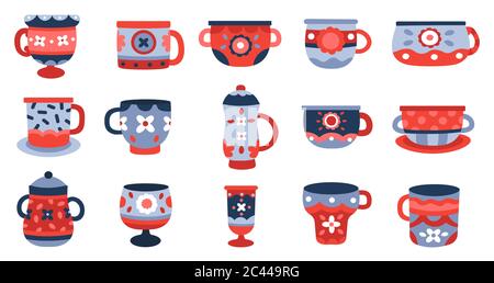 Tazze in ceramica. Tazza porcellana da cucina, tazza ceramica da stoviglie, stoviglie collezione di tazze colorate isolato vettore illustrazione icone set Illustrazione Vettoriale