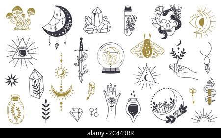 Simbolo di magia. Strega elemento magico disegnato a mano, cristallo di stregoneria doodle, cranio, coltello, tatuaggio mistero schizzo vettore illustrazione icone set Illustrazione Vettoriale