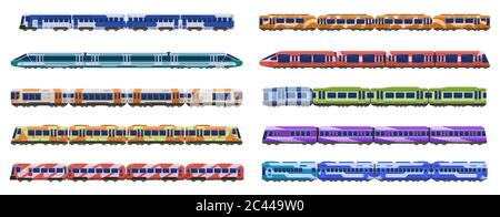 Carrozza. Treni ferroviari per passeggeri, treni ad alta velocità della metropolitana moderna, trasporti urbani isolati icone vettoriali di illustrazione set Illustrazione Vettoriale