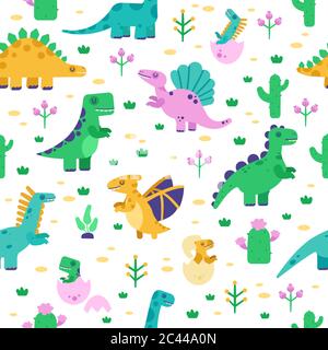 Modello di dinosauro. Cute dino doodle pattern, dinosauri tirannosauro disegnati a mano, pterodattil background, jurassic Park vettore senza giunture Illustrazione Vettoriale