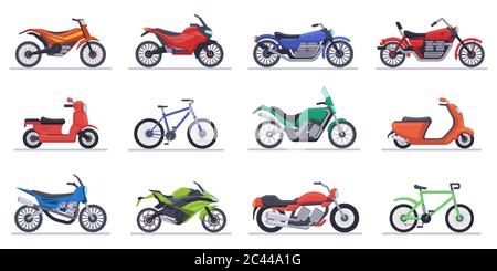 Motocicli e scooter. Moto, moto veicoli moderni, scooter, moto da motocross e trinciatori icone vettoriali isolate impostate Illustrazione Vettoriale