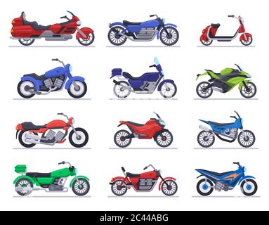 Modelli di moto. Moto, scooter e moto da corsa, moto moderne, moto da corsa, moto da moto da moto da moto da moto, veicoli a motore da moto isolati, icone vettoriali di illustrazione set Illustrazione Vettoriale