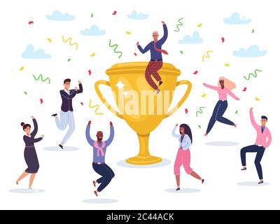 Successo che celebra il team. Squadra dei vincitori del salto che celebra la vittoria, premio della tazza d'oro vince, illustrazione del vettore felice riuscita del team di affari Illustrazione Vettoriale