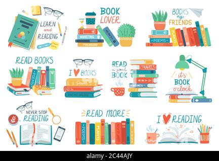 Lettura di libri. Pila di libri di libreria con lettere disegnate a mano, libri di testo aperti o chiusi, lettura di icone vettoriali di illustrazione del concetto impostato Illustrazione Vettoriale