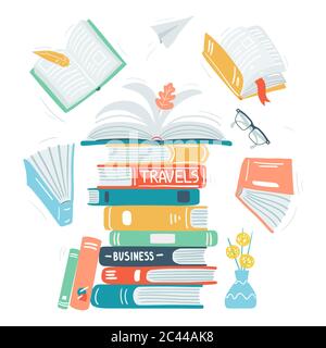 Pila di libri. Libri di incisione aperti concetto, mano disegnata pila di libri aperti e vicini, scienza, libri di biblioteca di istruzione illustrazione vettoriale isolata Illustrazione Vettoriale