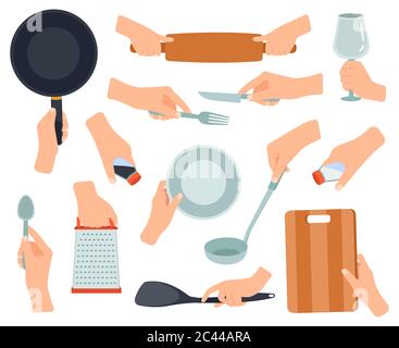 utensili da cucina per impugnare. Oggetti da cucina in mani femminili, padella, forchetta in acciaio inox, coltello, mani che tengono utensili da cucina set di illustrazioni vettoriali Illustrazione Vettoriale