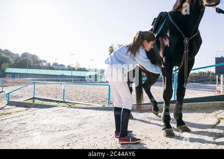 Giovane ragazza che mette l'attrezzatura mentre prepara il cavallo per cavalcare sul terreno di addestramento Foto Stock