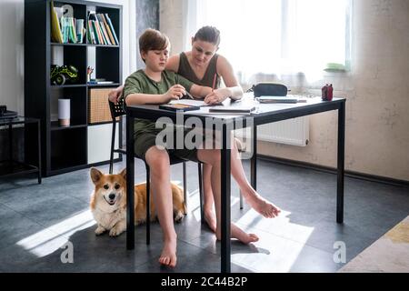 Madre che homeschooling suo figlio a casa Foto Stock