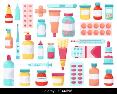 Pillole mediche. Farmacia antibiotico pillole, farmaci e trattamenti antidolorifici, kit di pronto soccorso farmacologia blister confezioni vettore illustrazione icone set Illustrazione Vettoriale