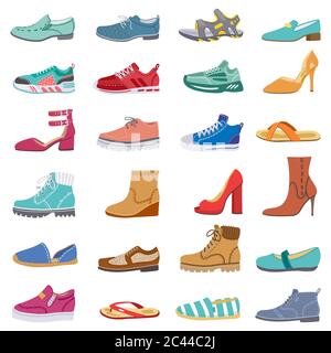 Collezione calzature. Scarpe maschili e femminili, sneakers, piatti e stivali, inverno alla moda, scarpe primaverili, scarpe eleganti vettoriali icone set Illustrazione Vettoriale