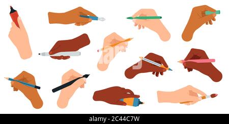 Strumenti di scrittura in mano. Penna, matita, stilo, pennarello a braccia, strumenti di scrittura e disegno icone vettoriali di illustrazione set Illustrazione Vettoriale