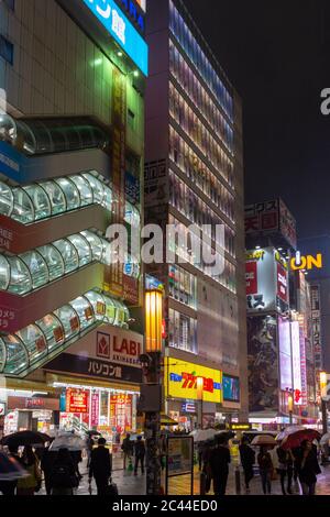 Tokyo / Giappone - 21 ottobre 2017: Luci al neon della città elettrica di Akihabara (Akihabara Denki Gai), quartiere dello shopping per videogiochi, anime, manga an Foto Stock