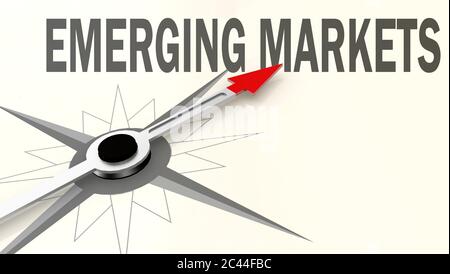 Mercati emergenti parola sulla bussola con freccia rossa, rendering 3D Foto Stock