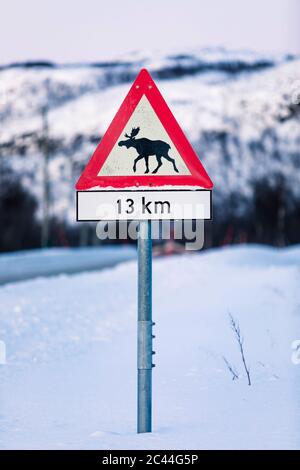 Cartello stradale di attraversamento dell'alce in inverno, Lebesby, Norvegia Foto Stock