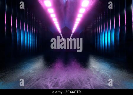 3D rendering Illustration, interni di fantascienza industriale scuro Foto Stock