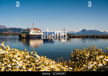 Cile, Provincia di ultima Esperanza, Puerto Natales, traghetto attraccato nel porto costiero Foto Stock