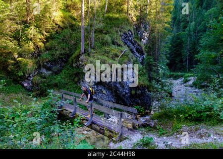 Austria, Tirolo, Steinberg am Rofan, maschio backpacker ammirando le montagne circostanti foresta da piccolo ponte stretto Foto Stock