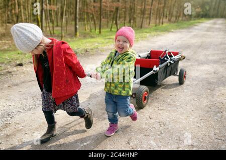 Due piccole sorelle che tirano il trolley sulla pista forestale Foto Stock