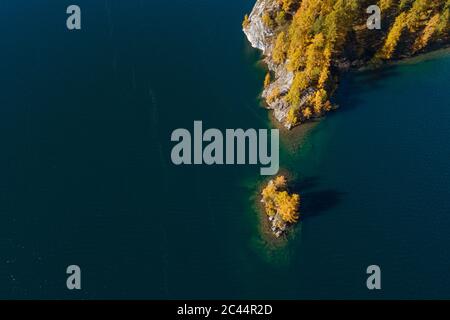 Svizzera, Cantone Grigioni, Saint Moritz, Drone vista di larici su piccola isola nel lago di Sils Foto Stock