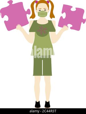 Illustrazione vettoriale ragazza che tiene pezzi di Puzzle gigante in maschera di moda Foto Stock