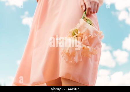 Mano della donna che tiene il fiore rosa Foto Stock