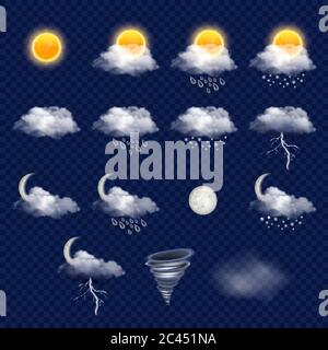 Insieme di icone trasparenti per le previsioni meteo, illustrazione vettoriale realistica Illustrazione Vettoriale