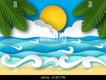 Onde di mare e spiaggia tropicale in stile arte della carta. Illustrazione vettoriale del concetto di viaggio. Poster vacanze estive in carta taglio design Illustrazione Vettoriale