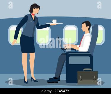 Aria stewardess che serve la prima classe vettore piatto passeggeri illustrazione Illustrazione Vettoriale