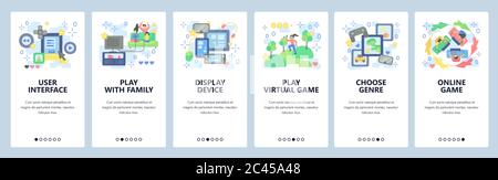 Set di icone di videogiochi online. Gioca con la famiglia, con il gioco di realtà virtuale, con il genere. Schermate delle app mobili. Modello banner vettoriale per sito Web e dispositivi mobili Illustrazione Vettoriale