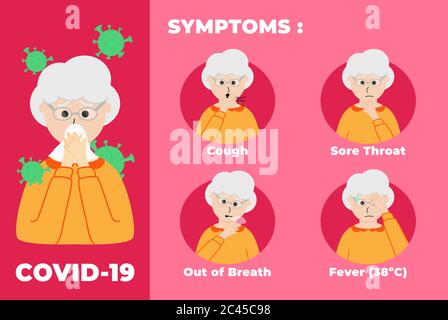 sintomi infografici corona, nonna di carattere malato covid 19 Illustrazione Vettoriale