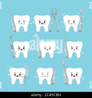Cute dente con strumenti dentali icone set isolato su sfondo blu. Illustrazione Vettoriale