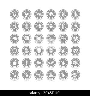 Set di etichette per alimenti senza ingredienti alimentari, senza glutine, senza latticini, biologici e vegetariani. Set di badge vettoriali a cerchio senza zucchero per il mais, la soia, l'alcool Illustrazione Vettoriale