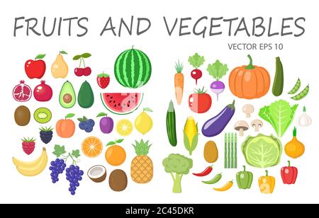 Set di clipart di frutta e verdura colorate. Raccolta vettoriale di cartoni animati colorati con frutta e verdura. Illustrazione Vettoriale