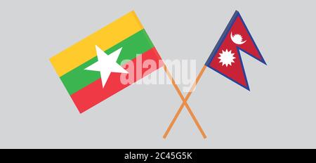 Bandiere incrociate del Nepal e del Myanmar. Colori ufficiali. Proporzione corretta. Illustrazione vettoriale Illustrazione Vettoriale